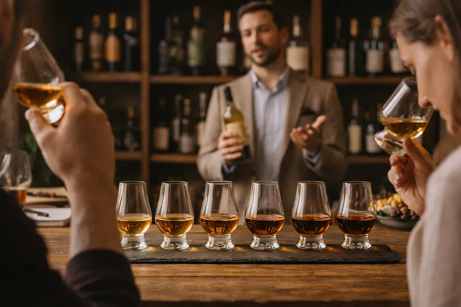 “Whiskyprovning med provningsglas och guidad presentation – symboliserar professionell whiskytasting där deltagare doftar, smakar och får vägledning om olika whiskysorter”